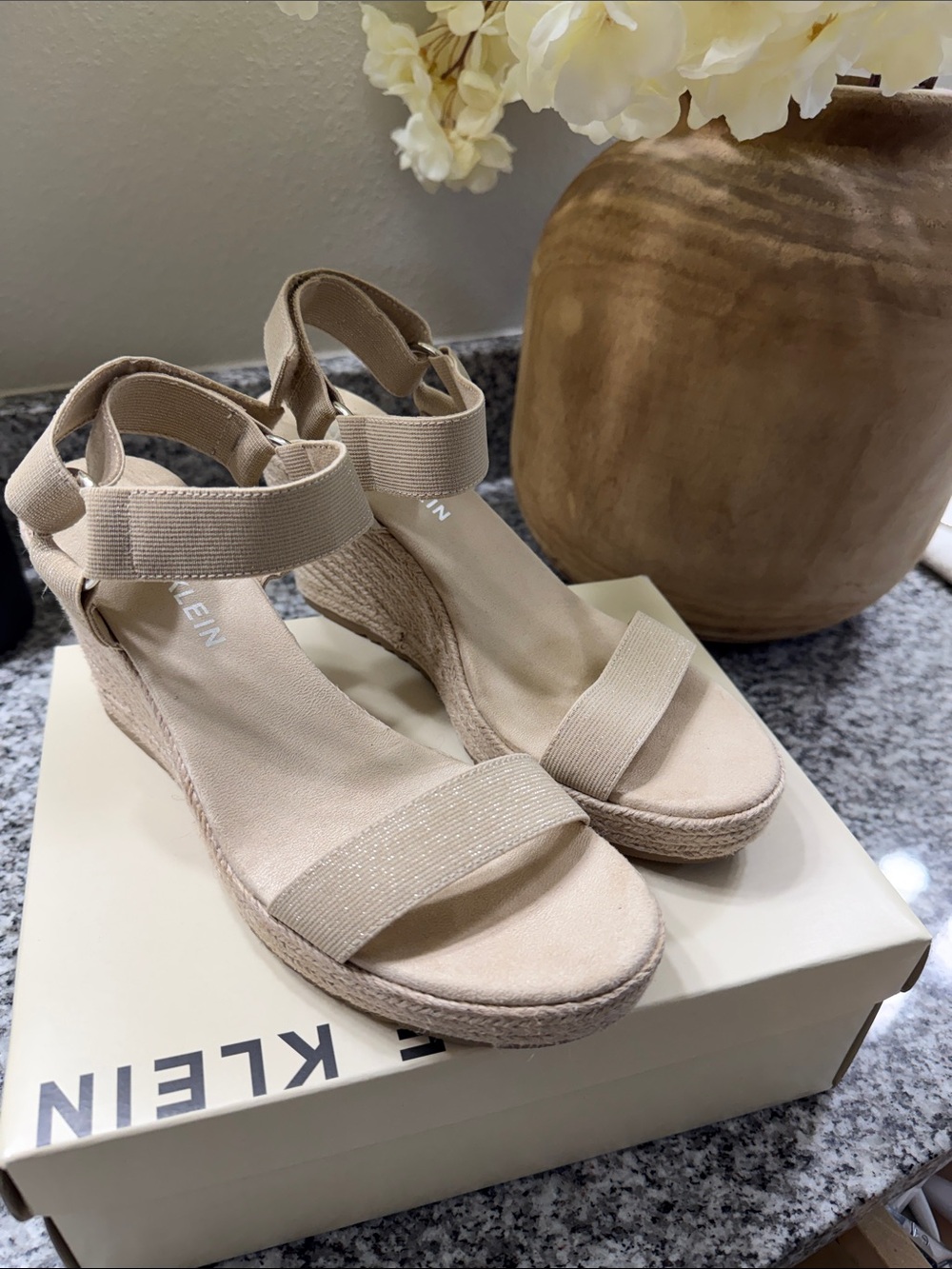Anne Klein Beige Espadrille Wedge Sandals with Ankle Strap
